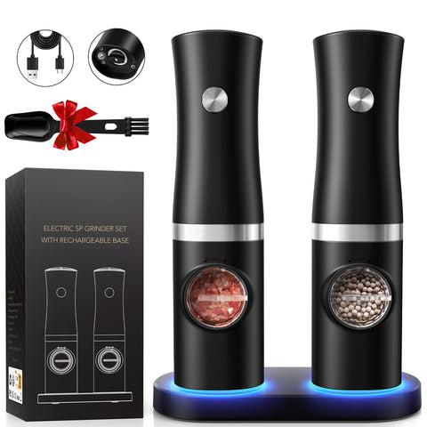 Sangcon Electric Salt and Pepper Grinder Set of 2, Automatic Salt Pepper Mill Grinder with Rechargeable Base LED light, Adjustable Coarseness,One-handed Operation, Refillable Spice Mill Shakers