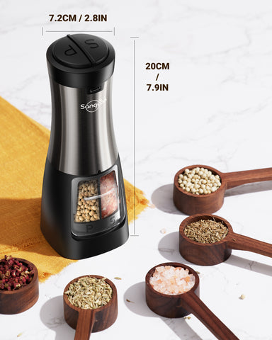 Sangcon Electric Salt and Pepper Grinder Set Shakers 2 IN 1 - USB RECHARGEABLE Salt and Pepper Mill Set All in One, Automatic Refillable Adjustable Coarseness Ceramic Grinder with Light