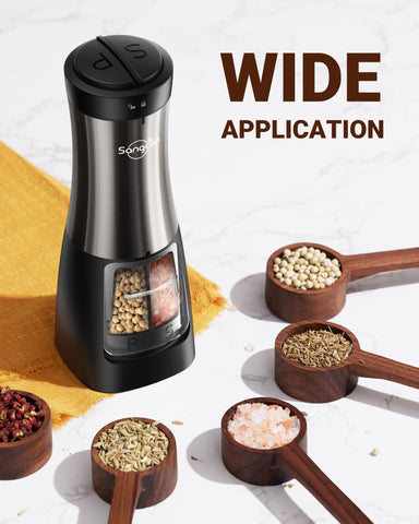 Sangcon 2 in 1 Electric Salt and Pepper Grinder Set Shaker - Automatic Salt and Pepper Grinder Mill Dual Combo, Battery Powered One-Handed Operation Refillable with Light Adjustable Ceramic Grinder