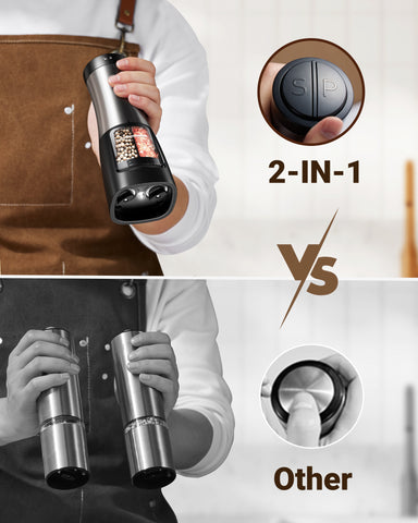 Sangcon 2 in 1 Electric Salt and Pepper Grinder Set Shaker - Automatic Salt and Pepper Grinder Mill Dual Combo, Battery Powered One-Handed Operation Refillable with Light Adjustable Ceramic Grinder