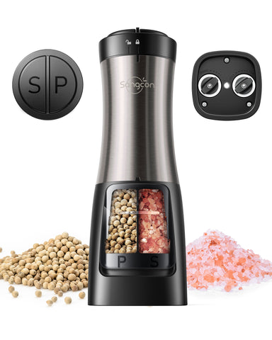 Sangcon 2 in 1 Electric Salt and Pepper Grinder Set Shaker - Automatic Salt and Pepper Grinder Mill Dual Combo, Battery Powered One-Handed Operation Refillable with Light Adjustable Ceramic Grinder