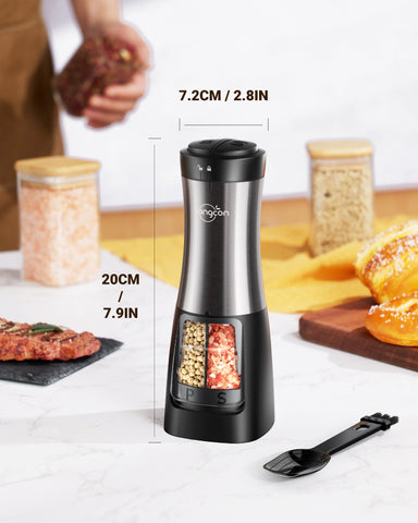 Sangcon 2 in 1 Electric Salt and Pepper Grinder Set Shaker - Automatic Salt and Pepper Grinder Mill Dual Combo, Battery Powered One-Handed Operation Refillable with Light Adjustable Ceramic Grinder