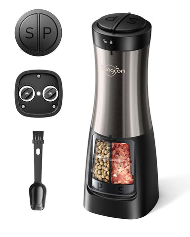 Sangcon 2 in 1 Electric Salt and Pepper Grinder Set Shaker - Automatic Salt and Pepper Grinder Mill Dual Combo, Battery Powered One-Handed Operation Refillable with Light Adjustable Ceramic Grinder