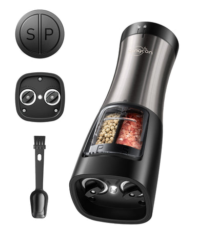 Sangcon 2 in 1 Electric Salt and Pepper Grinder Set Shaker - Automatic Salt and Pepper Grinder Mill Dual Combo, Battery Powered One-Handed Operation Refillable with Light Adjustable Ceramic Grinder