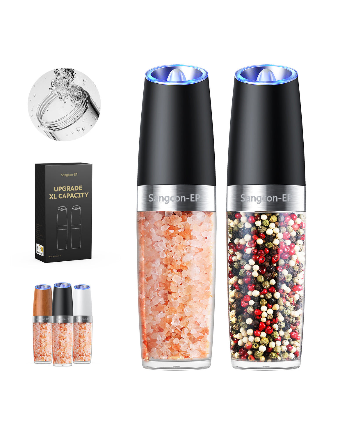 Sangcon-EP Gravity Electric Salt and Pepper Grinder Set Shakers UPGRADED 9OZ XL CAPACITY Battery Powered Refillable Automatic One Hand Operation Adjustable Coarseness Mill Grinder Set for Kitchen