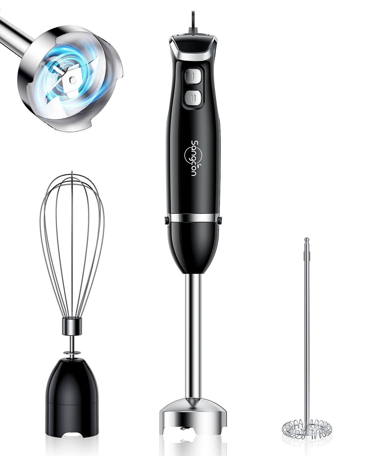 Sangcon Immersion Blender Handheld, 3-in-1 Hand Blender Electric, 400W Handheld Blender, Stainless Steel Blade Stick Blender with Whisk, Milk Frother Attachments