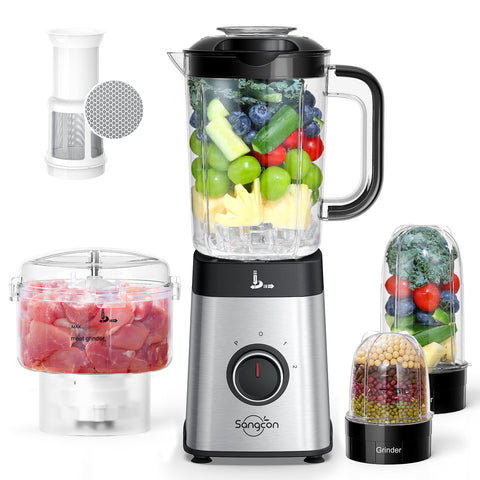 Sangcon Blenders and Food Processor Combo for Kitchen, 5 in 1 Blender for Shakes and Smoothies, Meat Chopped, Grinding & more, 40 oz Jar & 17oz Cup with To-Go Lid, Stainless Steel Silver