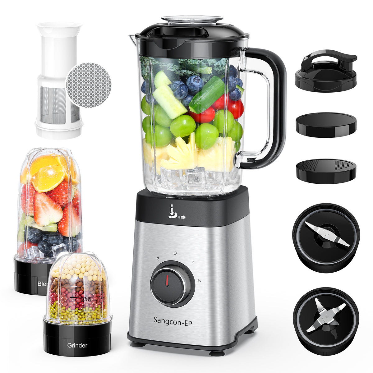 Sangcon-EP Blenders and Food Processor Combo for Kitchen, 5 in 1 Blender for Shakes and Smoothies, Meat Chopped, Grinding & more, 40 oz Jar & 17oz Cup with To-Go Lid, Stainless Steel Silver