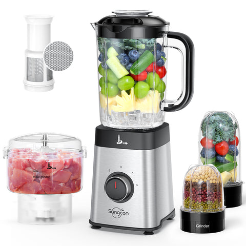 Sangcon Blenders and Food Processor Combo for Kitchen, 5 in 1 Blender for Shakes and Smoothies, Meat Chopped, Grinding & more, 40 oz Jar & 17oz Cup with To-Go Lid, Stainless Steel Silver