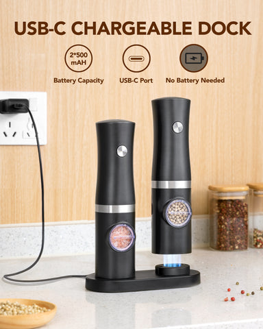 Sangcon Electric Salt and Pepper Grinder Set of 2, Automatic Salt Pepper Mill Grinder with Rechargeable Base LED light, Adjustable Coarseness,One-handed Operation, Refillable Spice Mill Shakers