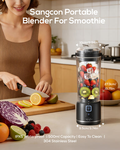 Sangcon Personal Portable Blender for Shakes & Smoothies, 6000mAh Cordless USB-C Rechargeable Blender with 2 Blend Modes, Leakproof Travel Lid, Dishwasher Safe, Ideal for Gym Office Kitchen, BPA-Free