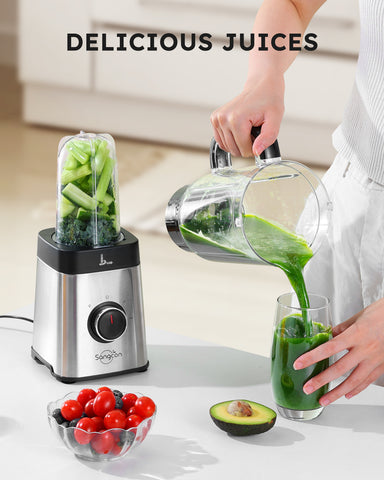 Sangcon Blenders and Food Processor Combo for Kitchen, 5 in 1 Blender for Shakes and Smoothies, Meat Chopped, Grinding & more, 40 oz Jar & 17oz Cup with To-Go Lid, Stainless Steel Silver