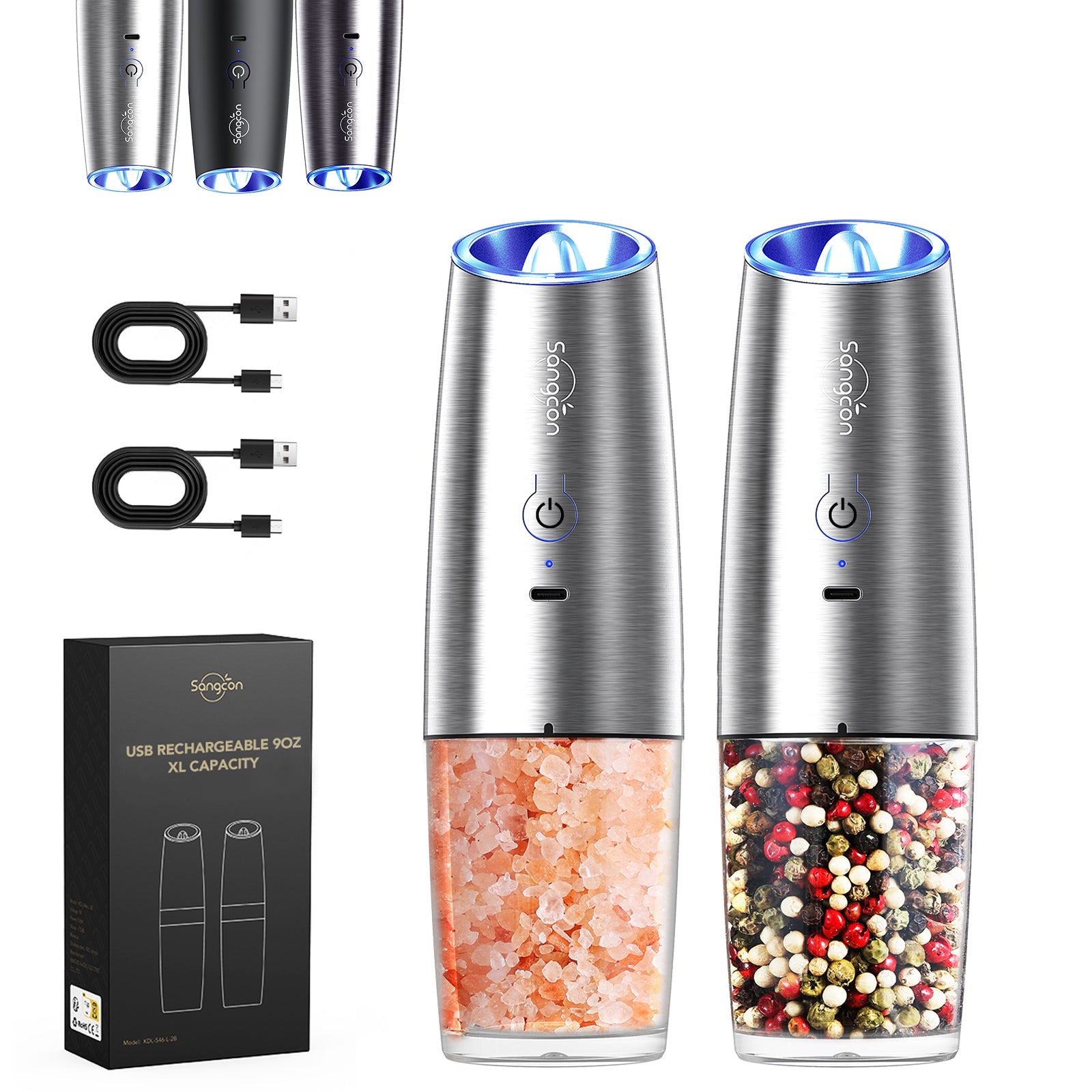 Sangcon Rechargeable Electric Salt And Pepper Grinder Set - USB-C, Adjustable Coarseness, LED Light, One-Hand Operation
