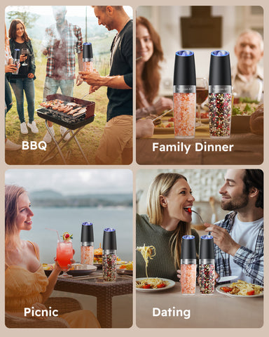 Sangcon-EP Gravity Electric Salt and Pepper Grinder Set Shakers UPGRADED 9OZ XL CAPACITY Battery Powered Refillable Automatic One Hand Operation Adjustable Coarseness Mill Grinder Set for Kitchen