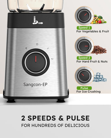 Sangcon-EP Blenders and Food Processor Combo for Kitchen, 5 in 1 Blender for Shakes and Smoothies, Meat Chopped, Grinding & more, 40 oz Jar & 17oz Cup with To-Go Lid, Stainless Steel Silver