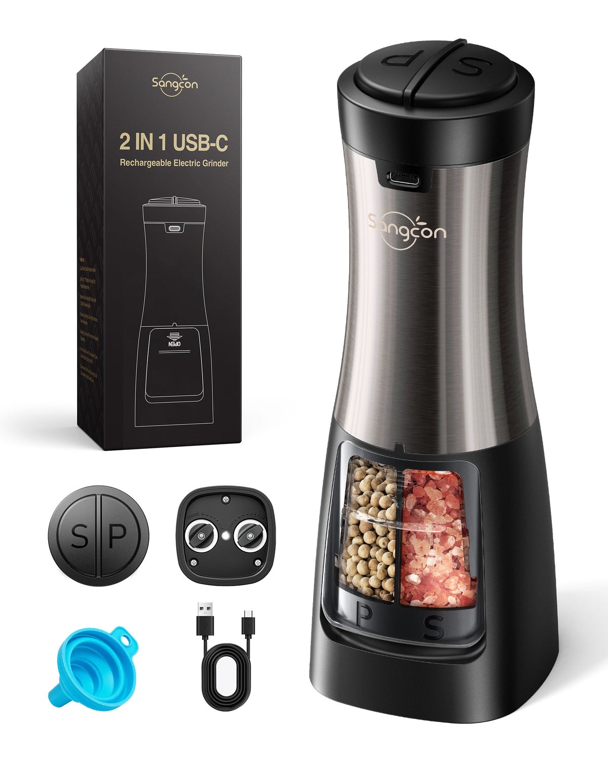 Sangcon Electric Salt and Pepper Grinder Set Shakers 2 IN 1 - USB RECHARGEABLE Salt and Pepper Mill Set All in One, Automatic Refillable Adjustable Coarseness Ceramic Grinder with Light