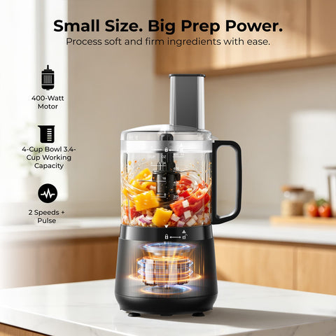 400W 4-Cup Mini Food Processor, Chop, Whip, Slice & Shred