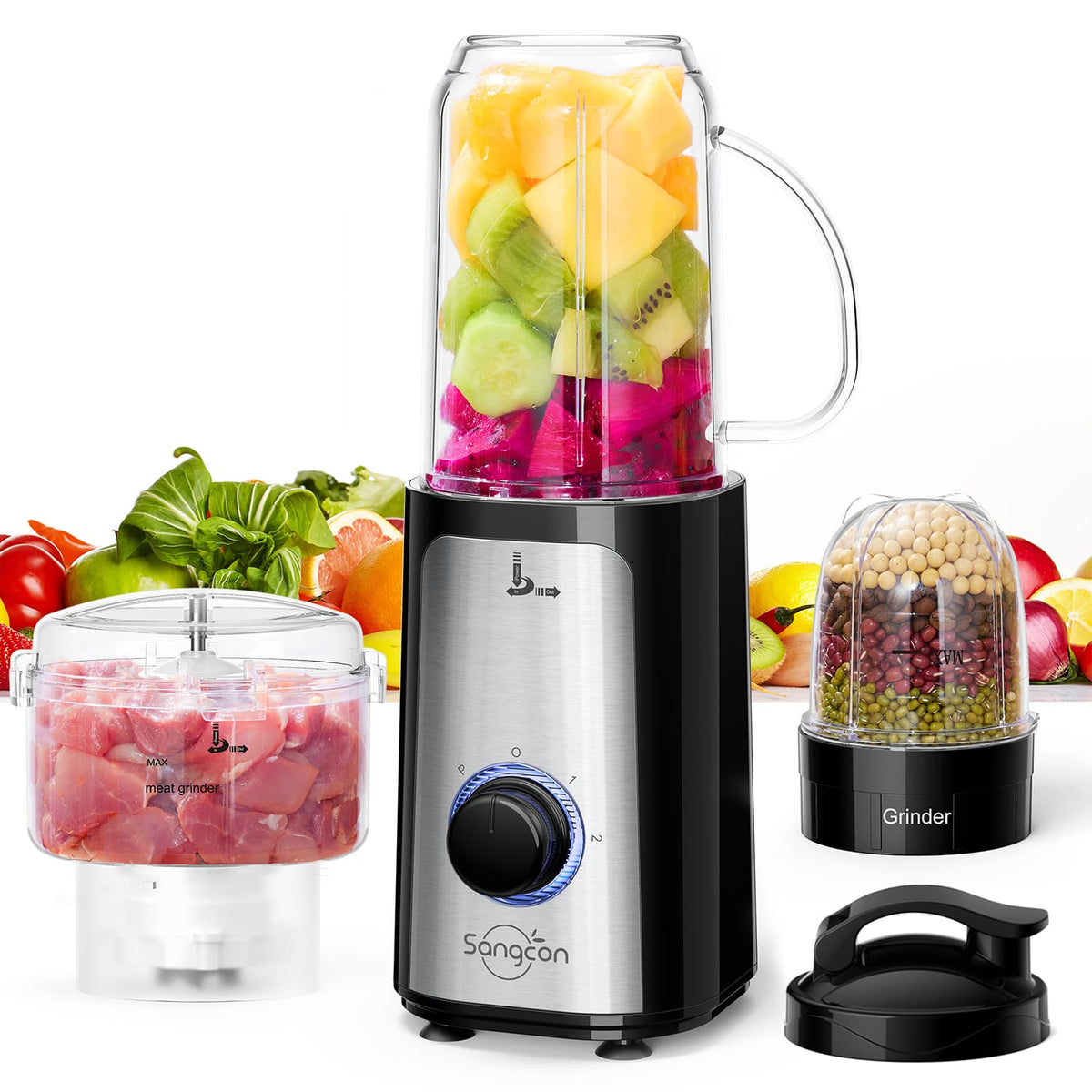 Sangcon 5-in-1 Blender & Food Processor Combo, 350W Smoothie Blender and Food Chopper for Smoothies, Meat & Vegetables