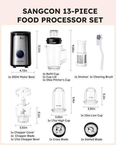Sangcon 5-in-1 Blender & Food Processor Combo, 350W Smoothie Blender and Food Chopper for Smoothies, Meat & Vegetables