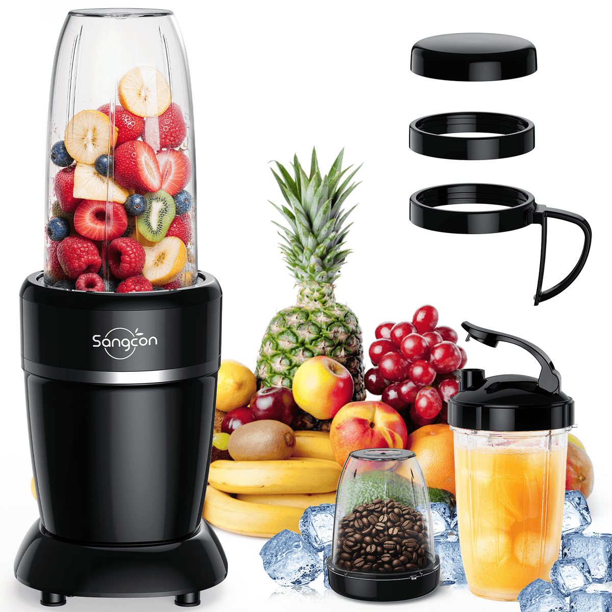 Sangcon 1000W Blender for Smoothies with 3 Cups, 2 Spout-Lids, 1 Storage-Lid, 1 To-Go-Lid
