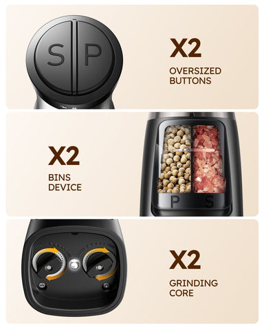 Sangcon 2-in-1 Electric Salt & Pepper Grinder, Dual Chamber, Adjustable Ceramic Mill