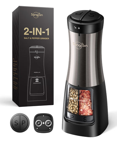 Sangcon 2-in-1 Electric Salt & Pepper Grinder, Dual Chamber, Adjustable Ceramic Mill