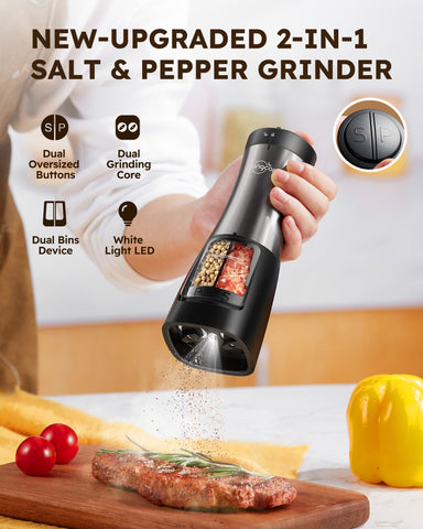 Sangcon 2-in-1 Electric Salt & Pepper Grinder, Dual Chamber, Adjustable Ceramic Mill