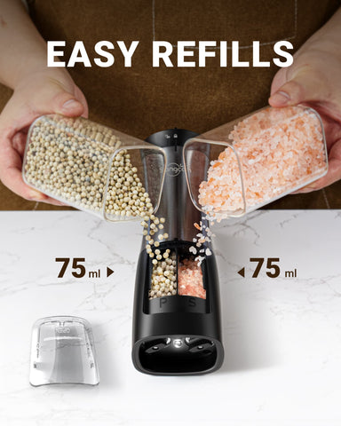 Sangcon 2-in-1 Electric Salt & Pepper Grinder, Dual Chamber, Adjustable Ceramic Mill