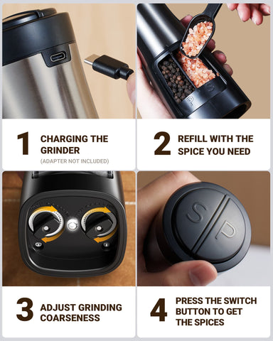Sangcon Electric Salt and Pepper Grinder Set Shakers 2 IN 1 - USB RECHARGEABLE Salt and Pepper Mill Set All in One