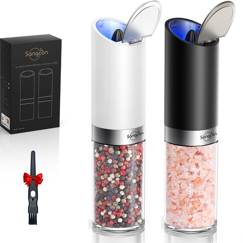 Sangcon Gravity Electric Salt and Pepper Grinder Set with Dust Cover, Battery Operated(4 AAA), Large Capacity, Adjustable Coarseness, One Hand Automatic Salt and Pepper Shakers Set Mill with LED Light