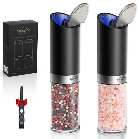 Sangcon Gravity Electric Salt and Pepper Grinder Set with Dust Cover, Battery Operated(4 AAA), Large Capacity, Adjustable Coarseness, One Hand Automatic Salt and Pepper Shakers Set Mill with LED Light