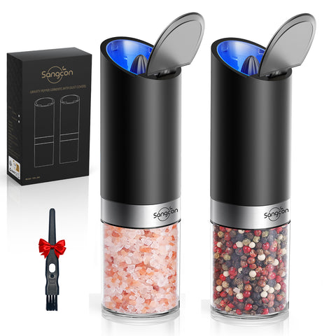 Sangcon Gravity Electric Salt and Pepper Grinder Set with Dust Cover, Battery Operated(4 AAA), Large Capacity, Adjustable Coarseness, One Hand Automatic Salt and Pepper Shakers Set Mill with LED Light