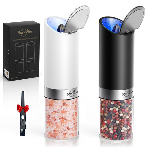 Sangcon Gravity Electric Salt and Pepper Grinder Set with Dust Cover, Battery Operated(4 AAA), Large Capacity, Adjustable Coarseness, One Hand Automatic Salt and Pepper Shakers Set Mill with LED Light