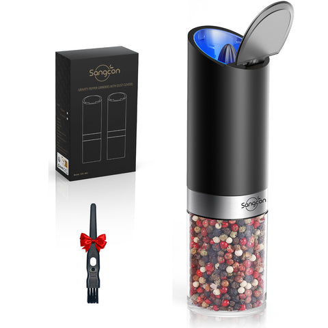 Sangcon Gravity Electric Salt and Pepper Grinder Set with Dust Cover, Battery Operated(4 AAA), Large Capacity, Adjustable Coarseness, One Hand Automatic Salt and Pepper Shakers Set Mill with LED Light