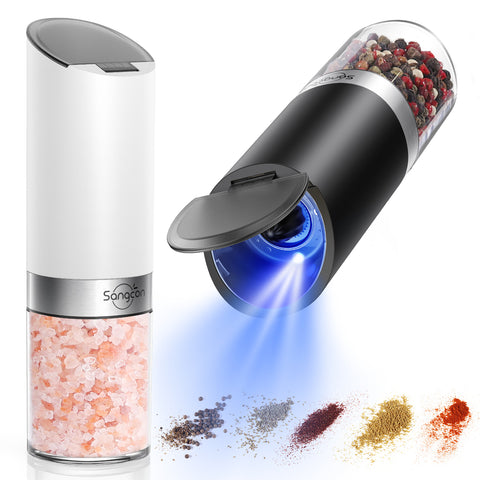 Sangcon Gravity Electric Salt and Pepper Grinder Set with Dust Cover, Battery Operated(4 AAA), Large Capacity, Adjustable Coarseness, One Hand Automatic Salt and Pepper Shakers Set Mill with LED Light