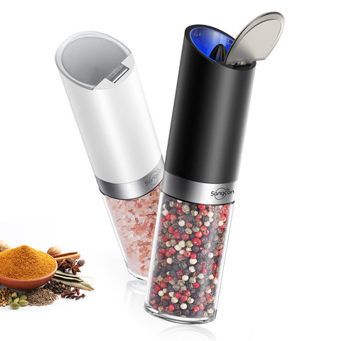 Sangcon Gravity Electric Salt and Pepper Grinder Set with Dust Cover, Battery Operated(4 AAA), Large Capacity, Adjustable Coarseness, One Hand Automatic Salt and Pepper Shakers Set Mill with LED Light