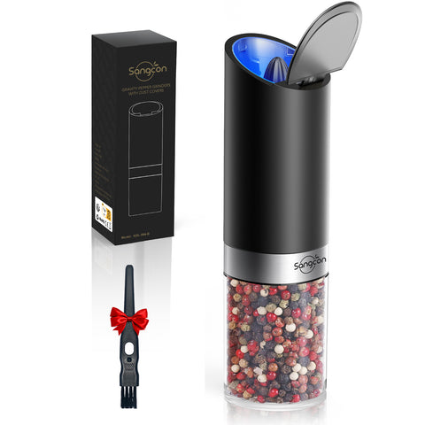 Sangcon Gravity Electric Salt and Pepper Grinder Set with Dust Cover, Battery Operated(4 AAA), Large Capacity, Adjustable Coarseness, One Hand Automatic Salt and Pepper Shakers Set Mill with LED Light