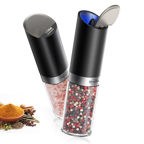 Sangcon Gravity Electric Salt and Pepper Grinder Set with Dust Cover, Battery Operated(4 AAA), Large Capacity, Adjustable Coarseness, One Hand Automatic Salt and Pepper Shakers Set Mill with LED Light