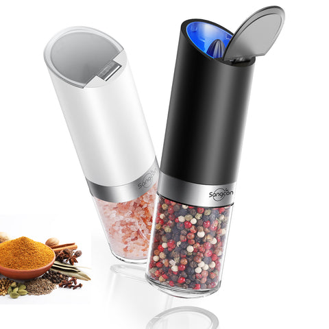 Sangcon Gravity Electric Salt and Pepper Grinder Set with Dust Cover, Battery Operated(4 AAA), Large Capacity, Adjustable Coarseness, One Hand Automatic Salt and Pepper Shakers Set Mill with LED Light