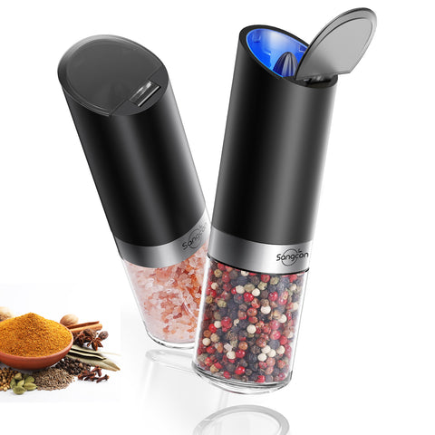 Sangcon Gravity Electric Salt and Pepper Grinder Set with Dust Cover, Battery Operated(4 AAA), Large Capacity, Adjustable Coarseness, One Hand Automatic Salt and Pepper Shakers Set Mill with LED Light