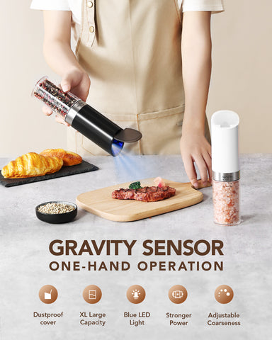 Sangcon Gravity Electric Salt and Pepper Grinder Set with Dust Cover, Battery Operated(4 AAA), Large Capacity, Adjustable Coarseness, One Hand Automatic Salt and Pepper Shakers Set Mill with LED Light