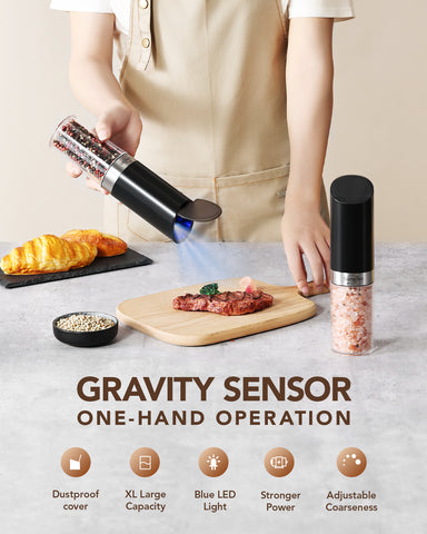 Sangcon Gravity Electric Salt and Pepper Grinder Set with Dust Cover, Battery Operated(4 AAA), Large Capacity, Adjustable Coarseness, One Hand Automatic Salt and Pepper Shakers Set Mill with LED Light