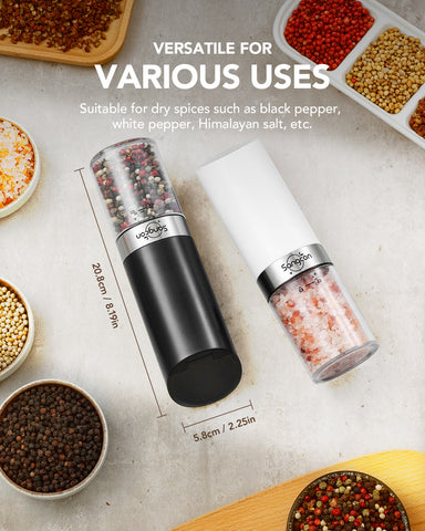 Sangcon Gravity Electric Salt and Pepper Grinder Set with Dust Cover, Battery Operated(4 AAA), Large Capacity, Adjustable Coarseness, One Hand Automatic Salt and Pepper Shakers Set Mill with LED Light