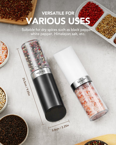 Sangcon Gravity Electric Salt and Pepper Grinder Set with Dust Cover, Battery Operated(4 AAA), Large Capacity, Adjustable Coarseness, One Hand Automatic Salt and Pepper Shakers Set Mill with LED Light