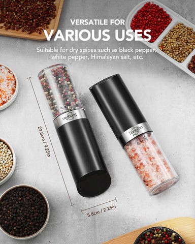 Sangcon Gravity Electric Salt and Pepper Grinder Set with Dust Cover, Battery Operated(4 AAA), Large Capacity, Adjustable Coarseness, One Hand Automatic Salt and Pepper Shakers Set Mill with LED Light