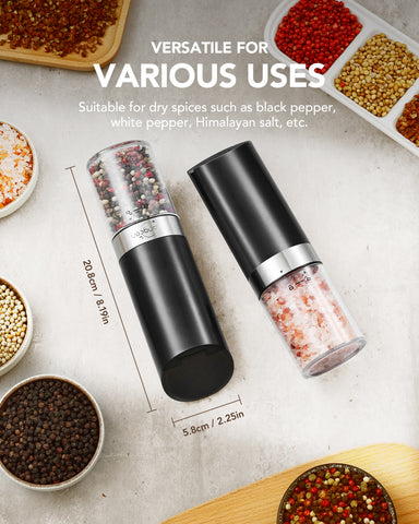 Sangcon Gravity Electric Salt and Pepper Grinder Set with Dust Cover, Battery Operated(4 AAA), Large Capacity, Adjustable Coarseness, One Hand Automatic Salt and Pepper Shakers Set Mill with LED Light