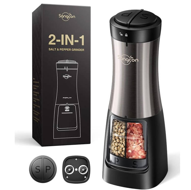 Sangcon 2 in 1 Electric Salt and Pepper Grinder Set Shaker - Automatic Salt and Pepper Grinder Mill Dual Combo, Battery Powered One-Handed Operation Refillable with Light Adjustable Ceramic Grinder