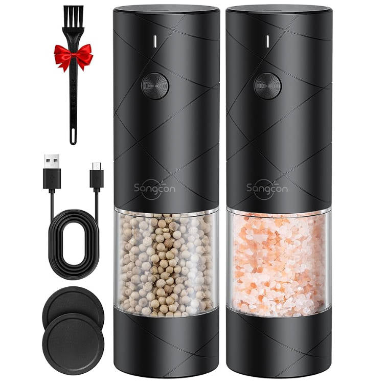 Sangcon Automatic Salt and Pepper Grinder Set, Battery Operated Black Pepper Grinder(without Battery), Kitchen Gadget with White Led Light, Adjustable Coarseness, One-handed Operation, 2 Pack